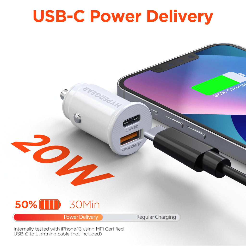 Hypergear Mini 20W USB-C PD + 18W USB Fast Car Charger