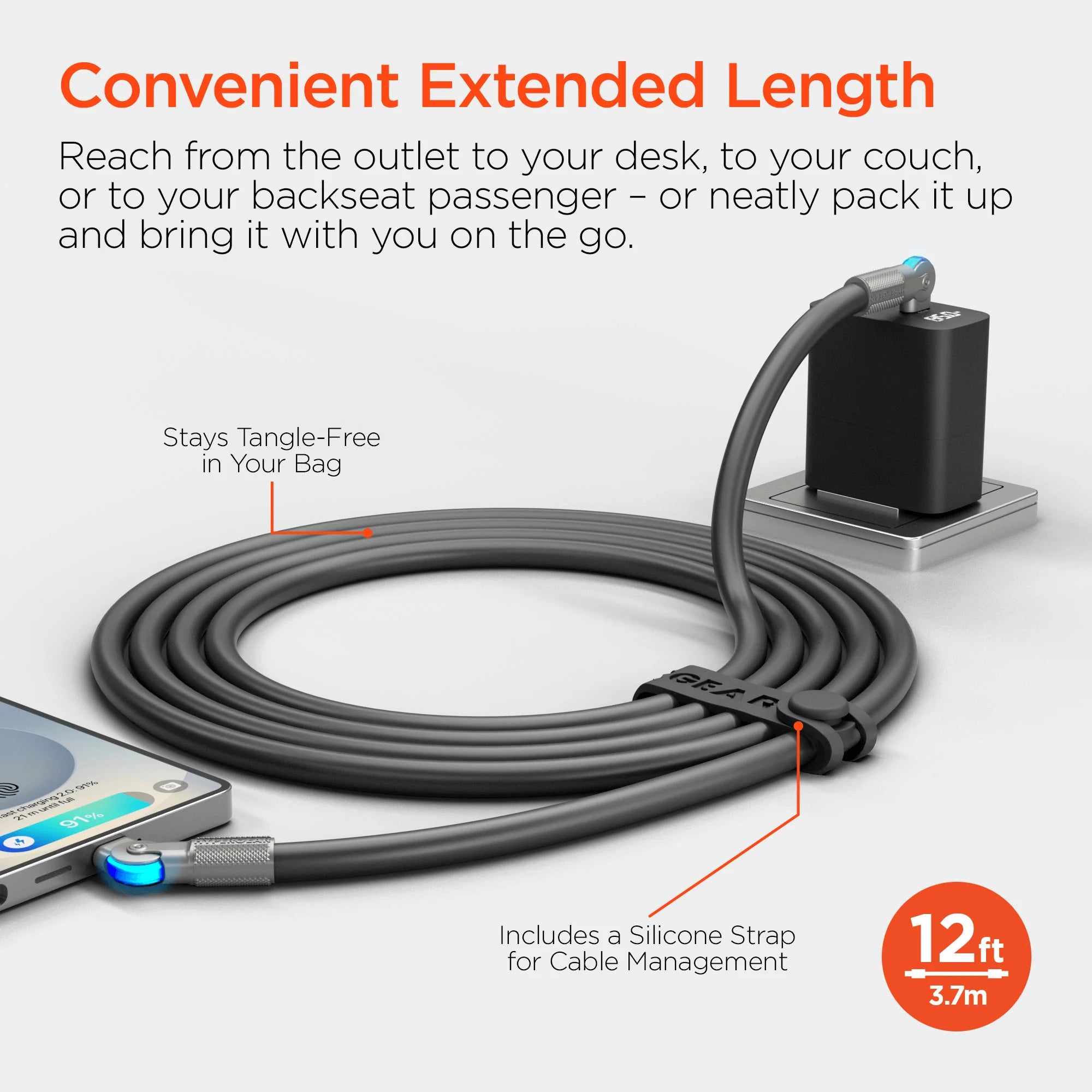 Hypergear Chunky180° 100W USB-C to USB-C Rugged Fast Charge Cable 12Ft