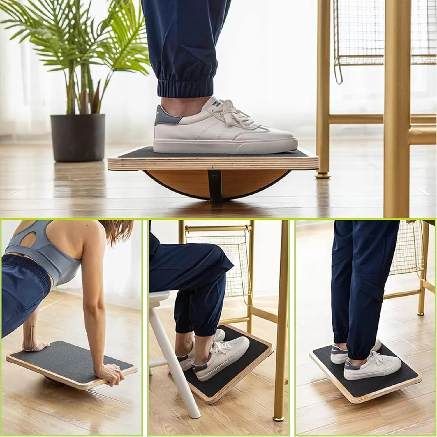 Professional Wooden Balance Board, Rocker Board, Wood Standing Desk Accessory, Balancing Board for under Desk, anti Slip Roller, Core Strength, Stability, Office Wobble Boards